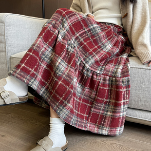 秋冬圣诞红毛呢格子松紧腰显瘦高腰百搭蛋糕裙中长裙伞裙女