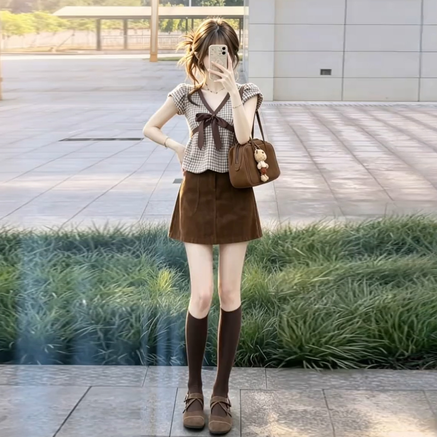 韩系复古少女风V领格纹蝴蝶结上衣A字连衣裙短裙夏季出片漂亮套装