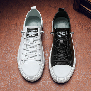 男百搭潮流青少年免系带运动休闲懒人皮鞋 子黑面白底板鞋 男鞋 38码
