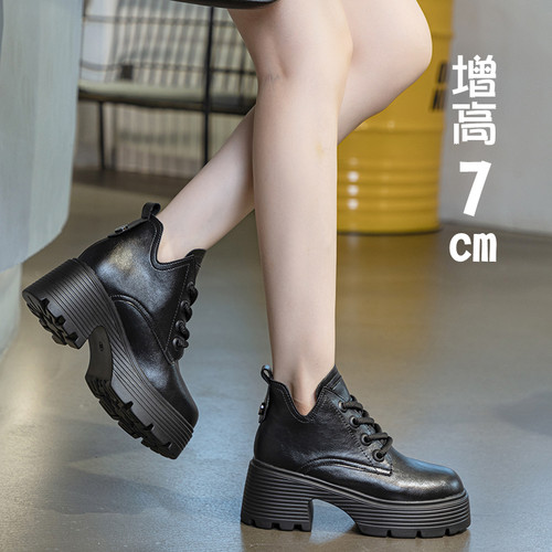 小码313233真皮小个子马丁靴女BV口粗跟高跟厚底防水台瘦瘦短靴34
