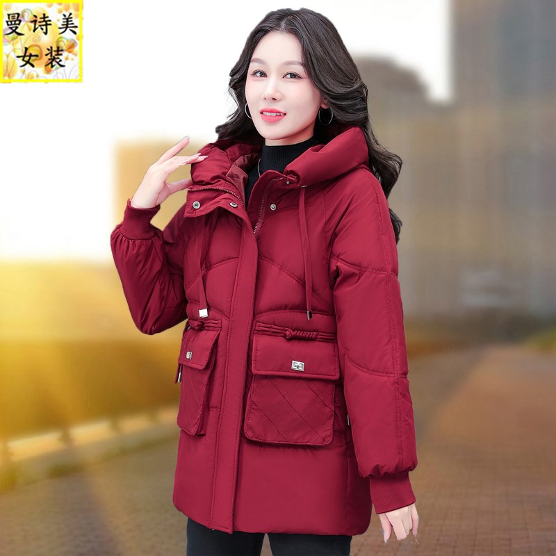 棉袄女款2024年冬季新款时尚连帽妈妈装棉服中长外套加厚羽绒棉衣