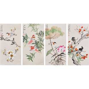 美协名家手绘禅意花鸟画国画四联画 客厅餐O厅挂画 新中式装饰画