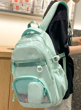 高颜值绿色书包痛包大容量初中生高中生休闲双肩包女生出游背包夏
