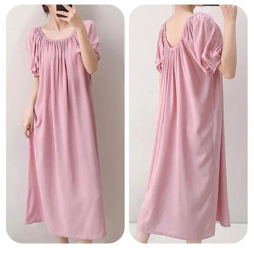 夏季薄款一字领棉绸睡裙圆领可外穿人造棉孕妇裙纯色大码长裙睡衣