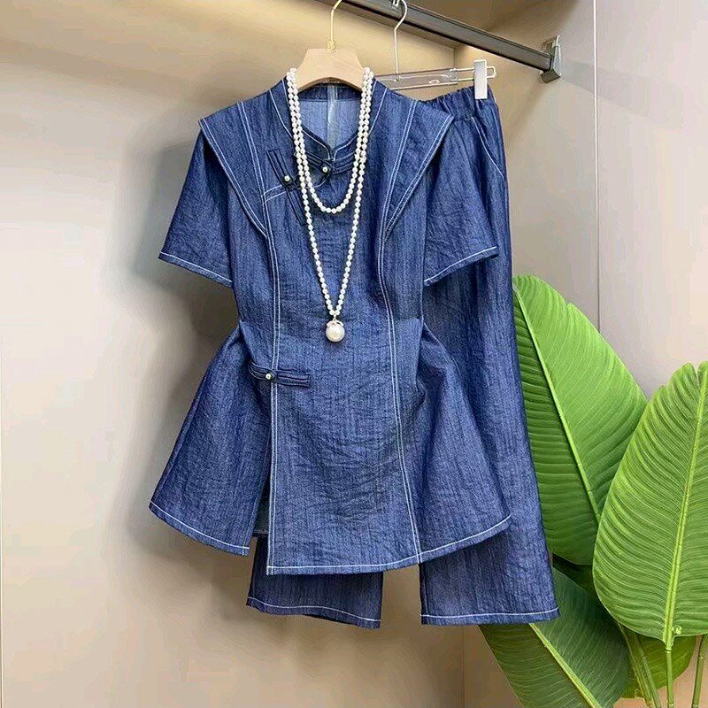 胖妹妹水洗牛仔裤子套装2025春季新款大码女装减龄遮肉宽松两件套