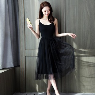 吊带纱裙女中长款春秋内搭打底裙背心蕾丝长裙外穿黑色网纱连衣裙