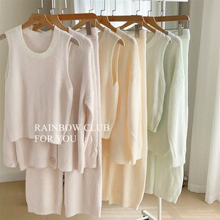 羽毛纱睡衣三件套秋冬亲肤柔软丝滑羽毛绒背心开衫 家居服女士 长裤