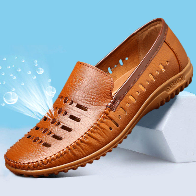 夏季男真皮凉鞋软底米白色洞洞鞋驾车鞋镂空凉皮鞋中老年爸爸男鞋