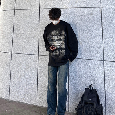 长袖复古小领口印花T恤