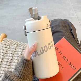 简约保温水杯女士高颜值带吸管茶仓水杯学生不锈钢杯子新款2025男