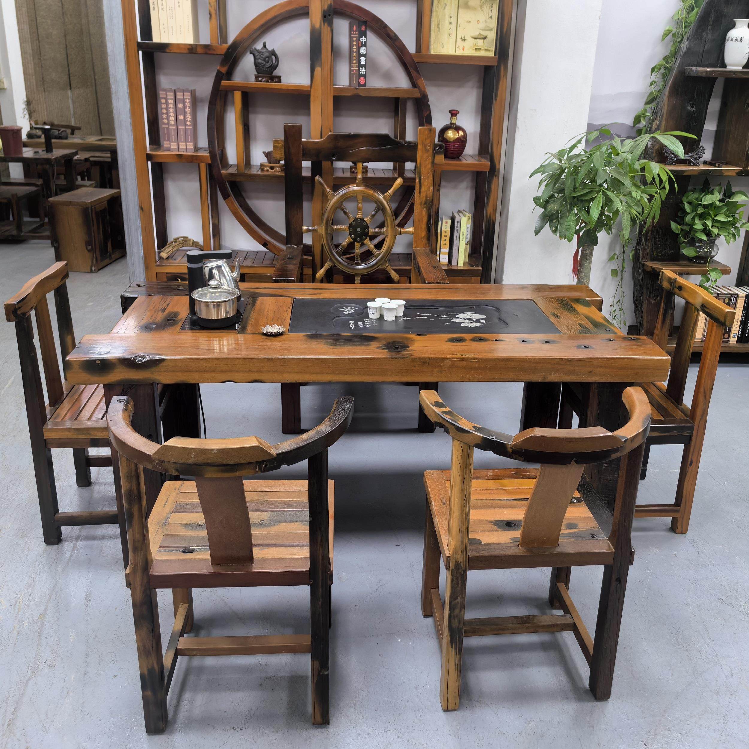 百年老船木茶桌椅组合实木的功夫茶几户外办公家用新中式招待茶台