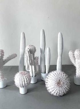 大型仿真白色植物造景简约现代仙人掌家居装饰品假绿植仙人球摆件