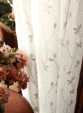 定制窗纱北欧植物客厅纱帘白色刺绣田园卧室阳台落地窗成品窗帘