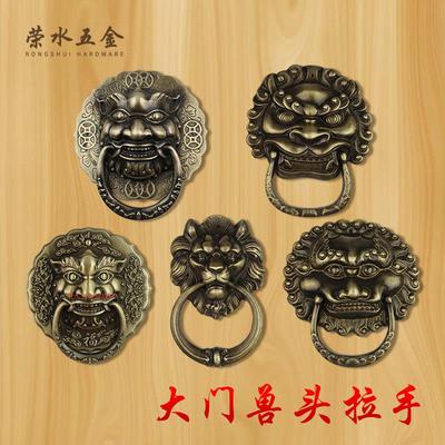 荣水中式纯铜大门拉手狮子头虎头兽头门环老式实木门铜拉手S