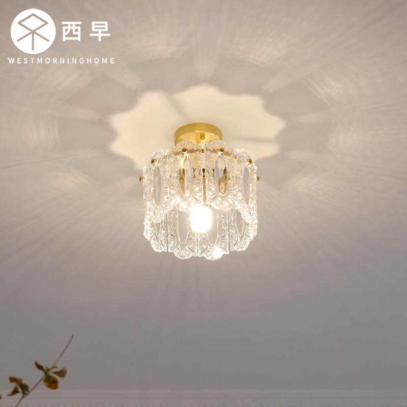 西早 法式复古玻璃全铜吸顶灯 玄关床头过道阳台吧台餐厅灯具