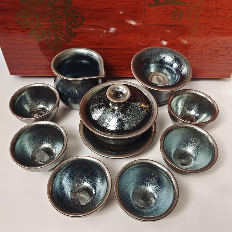 建盏茶具套装家用整套功夫茶具盖碗高档原矿釉银毫铁胎建阳盏茶杯