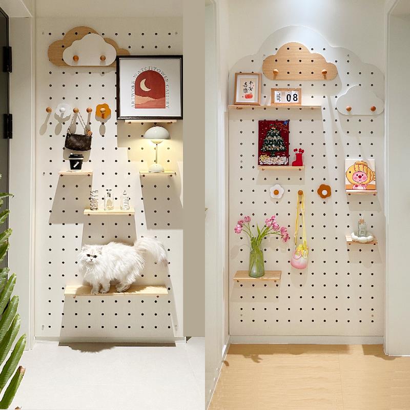 猫不卷玄关洞洞板定制置物架木质展示收纳墙云朵收纳层架墙上挂衣