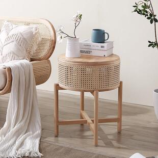 原木藤编小茶几北欧简约实木藤角几沙发边柜边几创意可储物小桌子