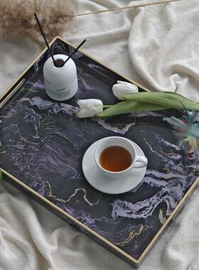 BJ29 轻奢风现代大理石纹装饰收纳托盘家居摆件圆形茶盘摆件