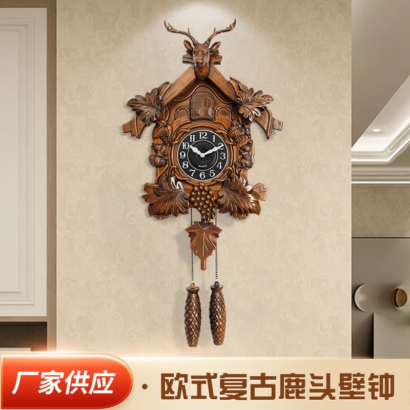 欧式复古壁鹿布谷鸟鹿头壁钟家用装饰挂表时钟报时挂钟静音石英钟