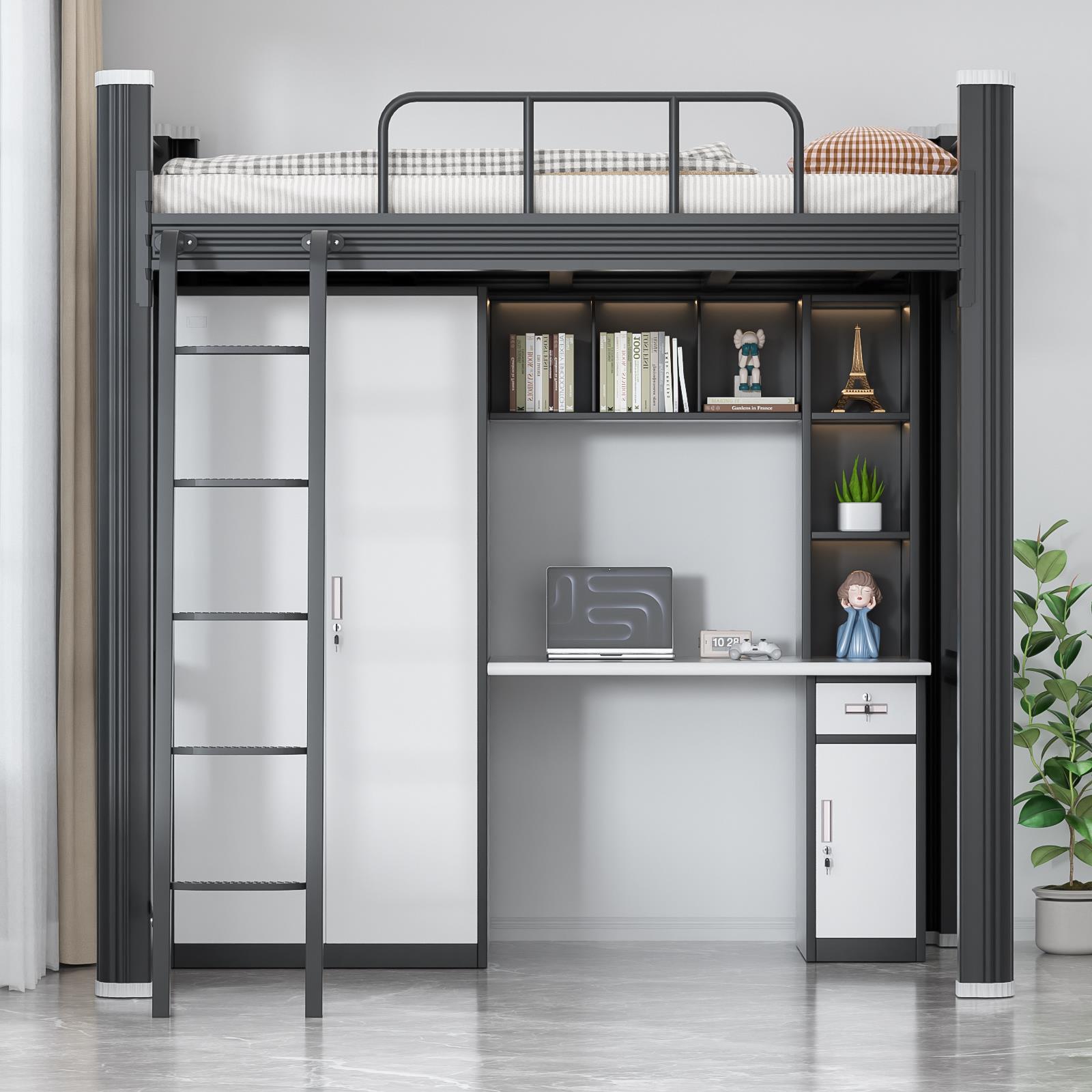 大学生宿舍上床下桌组合床员工双层铁艺高架床柜一体小户型公寓床