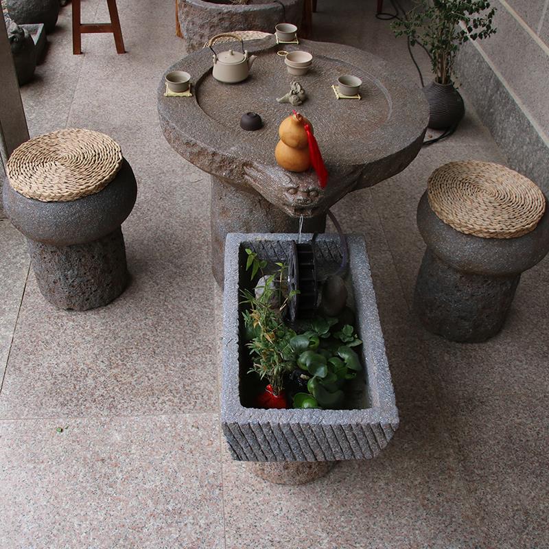 庭院花园仿石茶桌装饰会所茶楼中式古风泡茶桌子带水池流水养鱼