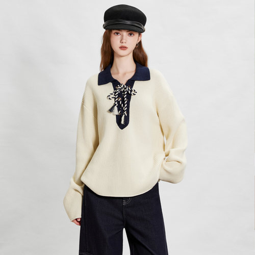 myall简约休闲绑带翻领套头针织衫女2025秋季新款宽松百搭毛衣