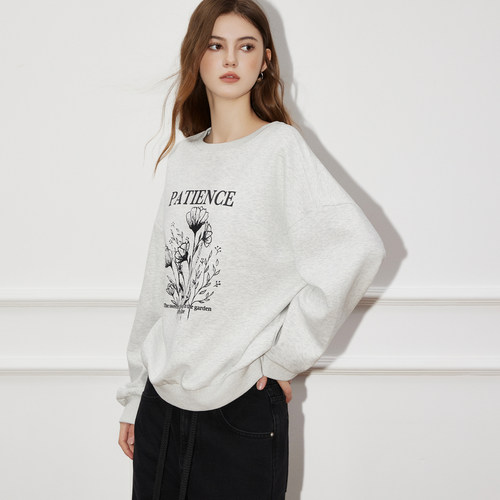 myall休闲通勤字母植物花卉印花卫衣女2025秋季新款圆领套头上衣