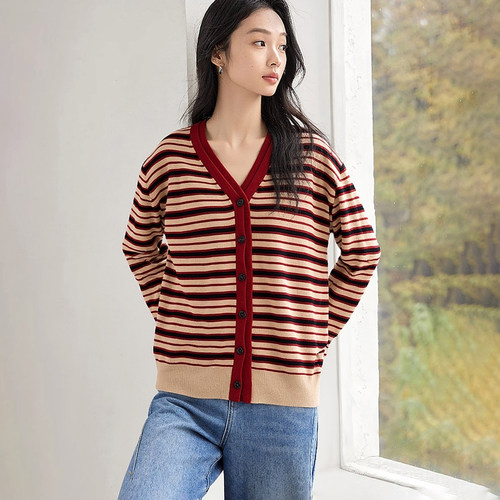 myall撞色条纹V领宽松针织开衫女2025秋季新款青春复古感毛衣外套