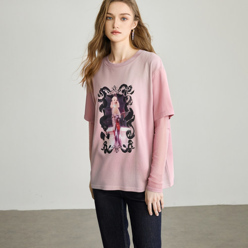 myall宽松休闲单车小狗印花长袖T恤女2025秋季新款圆领套头上衣