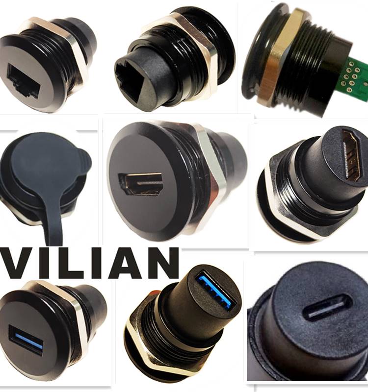 金属D型圆形M24孔RJ45数据USB2.0-3.0信号HDMI航空母座防水连接器
