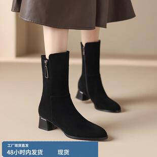 粗跟磨砂中筒靴女2023新款气质高跟靴子女冬季加绒中跟真皮马丁靴