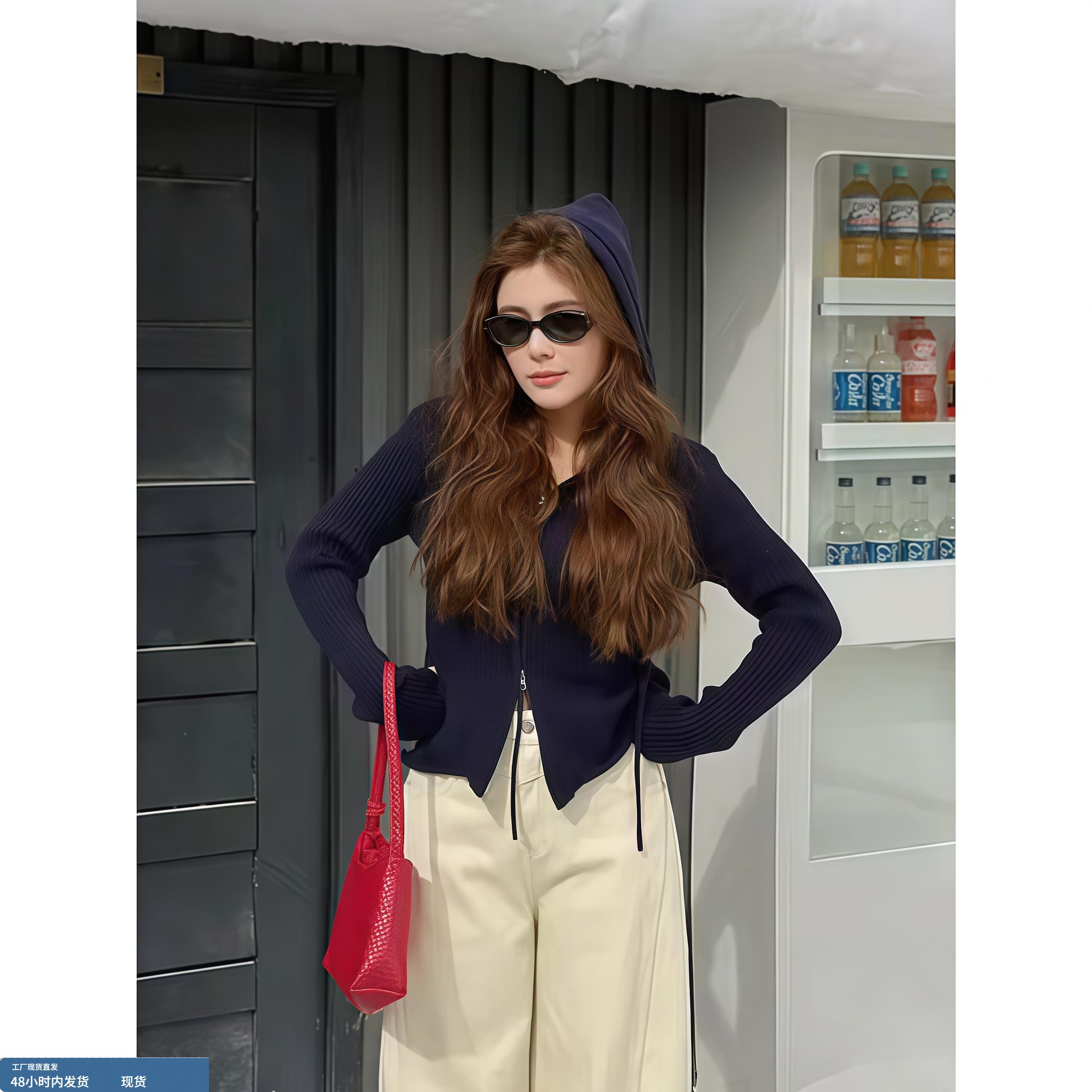 休闲慵懒风双拉链连帽针织开衫女秋冬季新款时髦洋气百搭通勤上衣