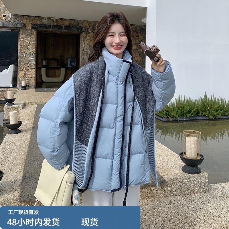 蓝色立领披肩羽绒服女冬季加厚外套2025新款巨好看韩系超火面包服