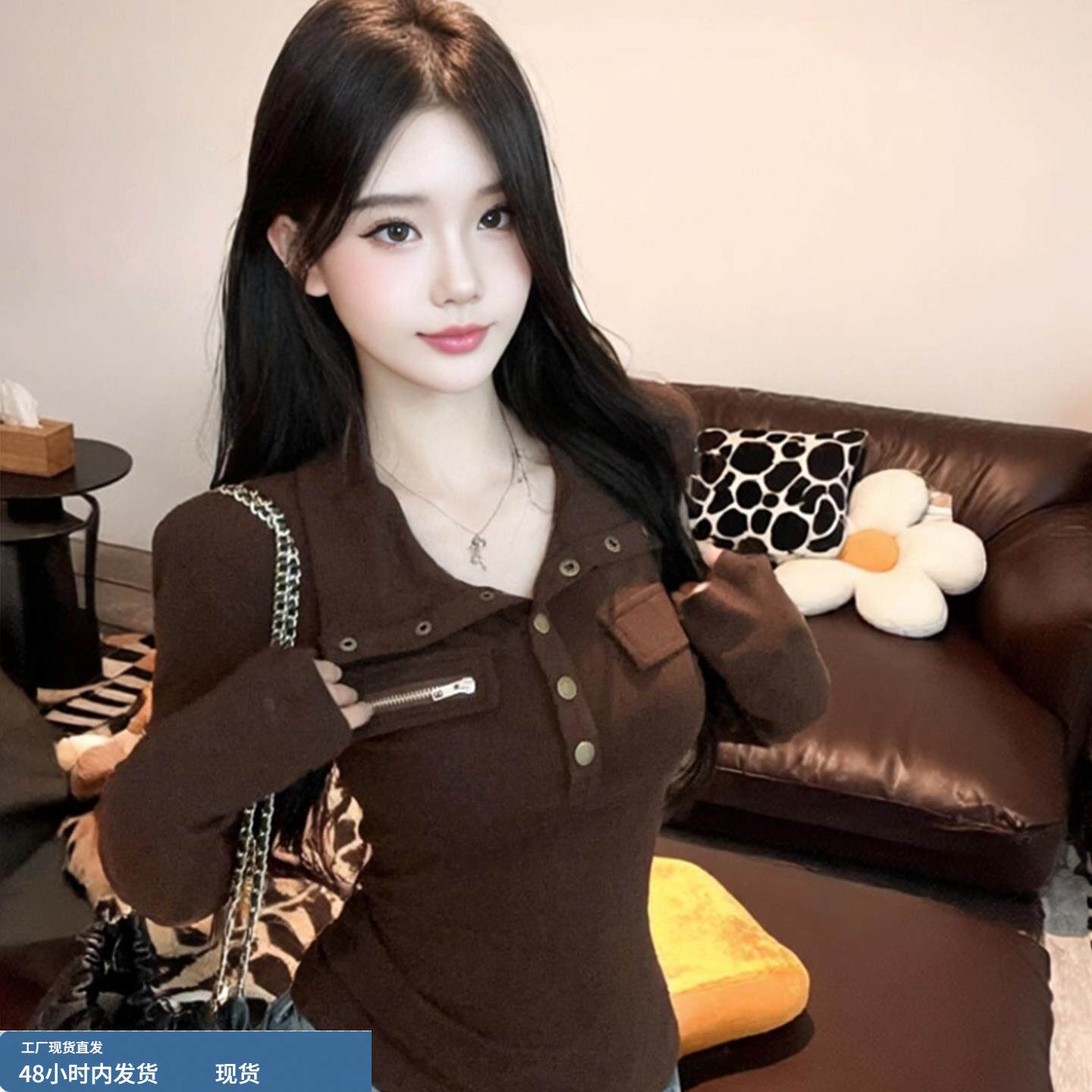 韩版小众时尚立领假口袋打底衫冬季设计感独特修身长袖显瘦上衣女