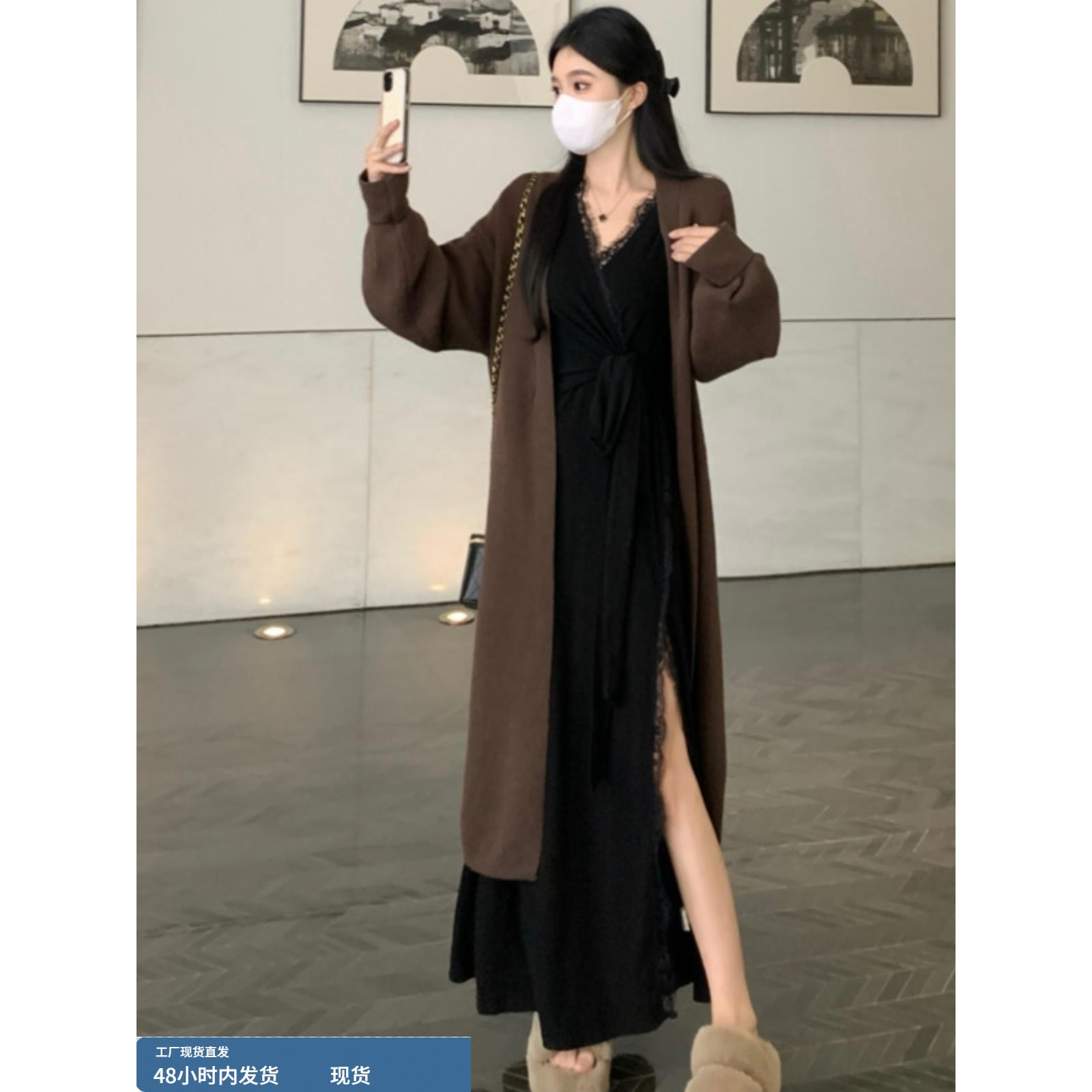 秋冬大码新款纯欲氛围感蕾丝边拼接一片式绑带V领磨毛开叉连衣裙