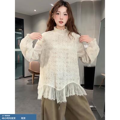 微胖mm半高领花边拼接蕾丝打底衫女秋冬大码法式叠穿显瘦百搭上衣