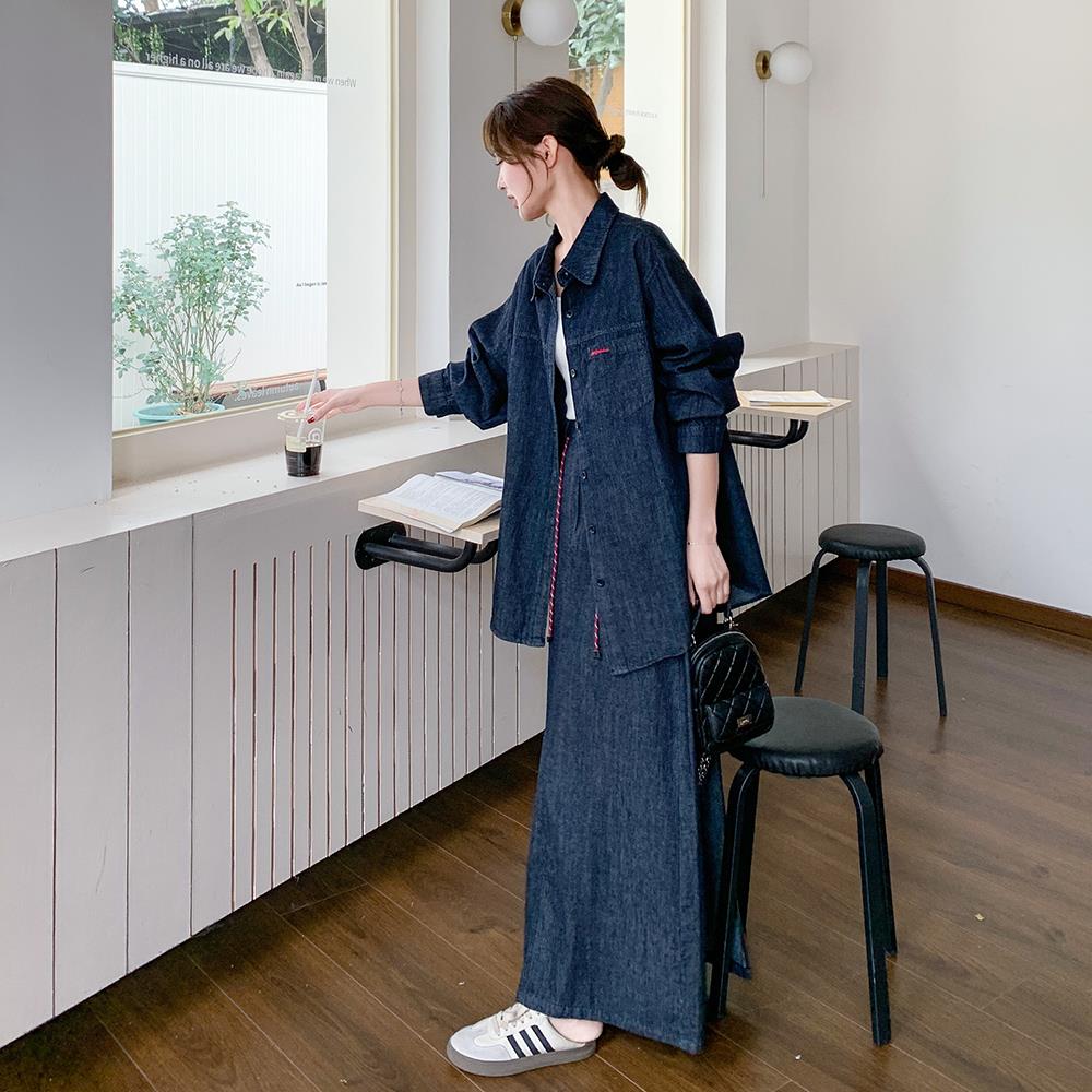 覆古牛仔衬衫套装裙春秋宽松bf慵懒风松弛感港味覆古半身裙两件套