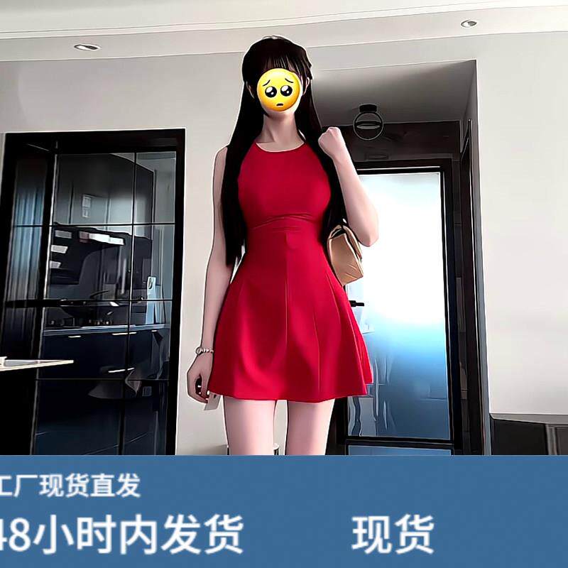 红色无袖背心连衣裙女夏法式高级感礼服小个子收腰显瘦红裙子短裙