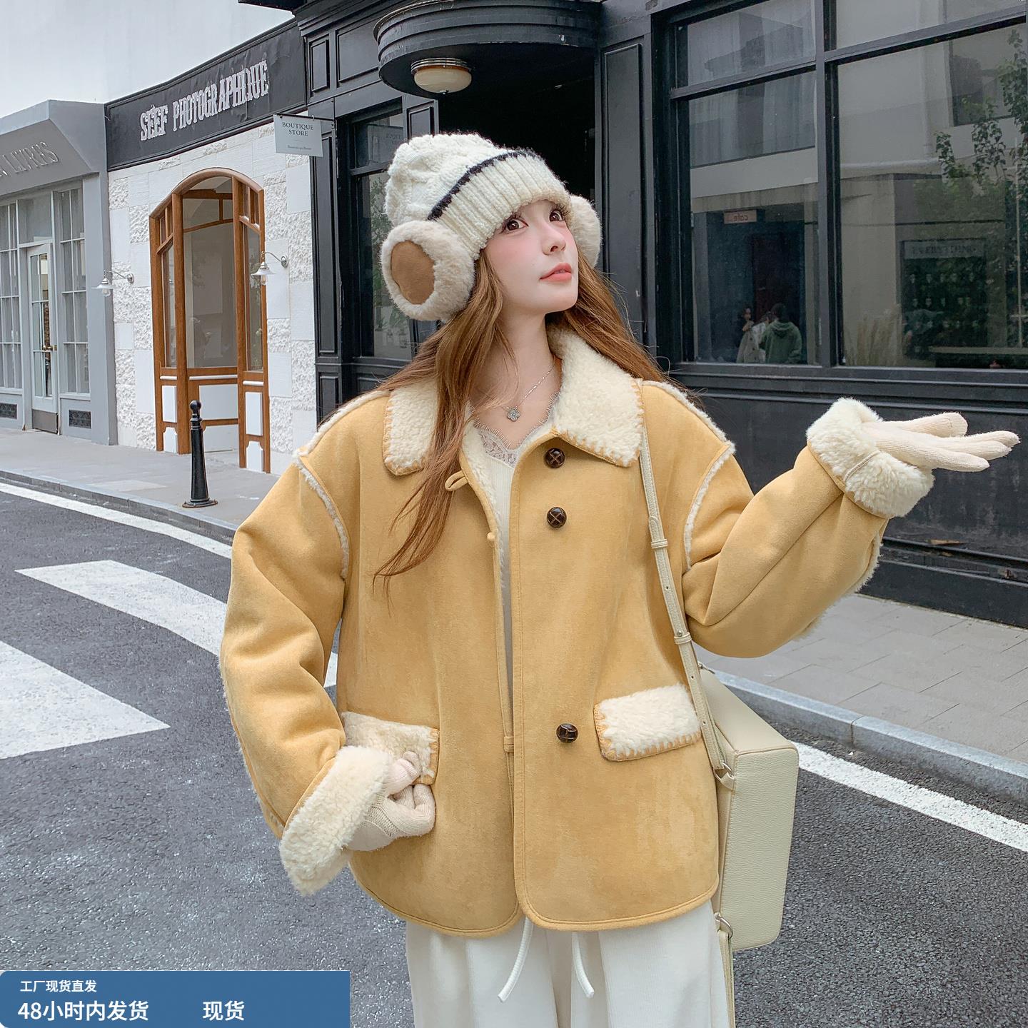 黄色时髦复古羊羔毛外套女秋冬季2025年新款皮毛一体加厚保暖夹克