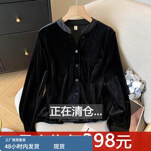 黑色真丝丝绒上衣女装长袖春秋冬新款打底衬衣高端立领桑蚕丝衬衫