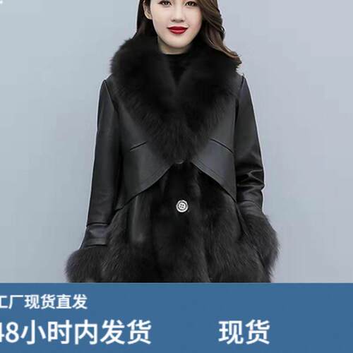 潮款陂草外套女冬季新款仿芼中长款PU陂拼接加厚海宁大衣休闲帽子