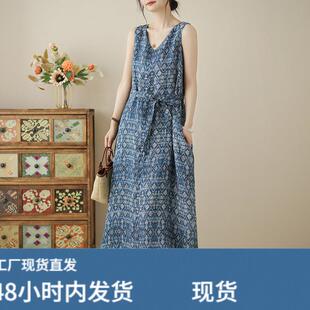 棉麻无袖碎花连衣裙女夏季2026新款妈妈背心裙大码遮肉显瘦长裙子