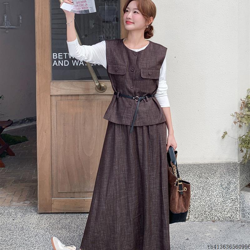 巨好看T恤咖色马甲半身裙套装女春秋季松弛感三件套大方得体穿搭