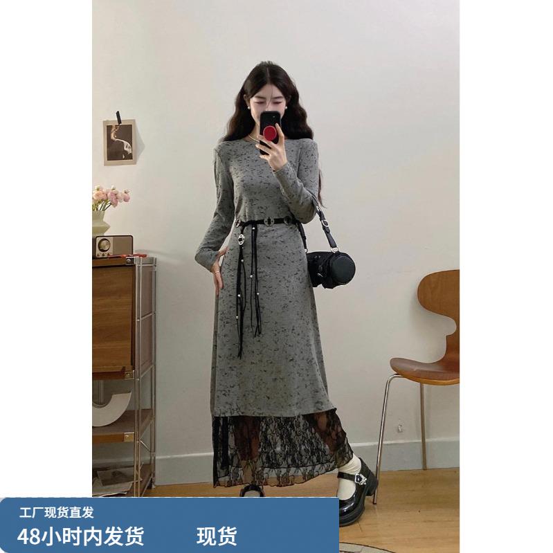 高级感撞色蕾丝拼接裙子女秋冬大码胖妹妹别致复古气质显瘦连衣裙