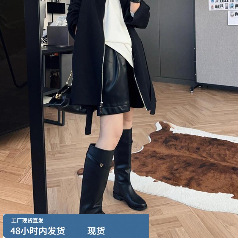 秋冬新款小金币皮带扣平底长靴女真皮套筒不过膝靴骑士靴高筒靴女