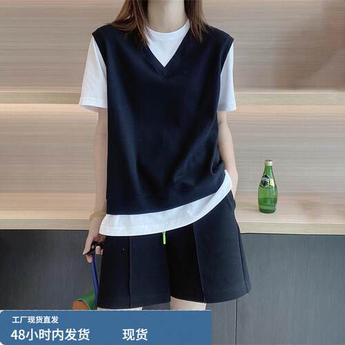 休闲短袖T恤时尚短裤假两件套装女2026年夏季新款宽松显瘦运动服