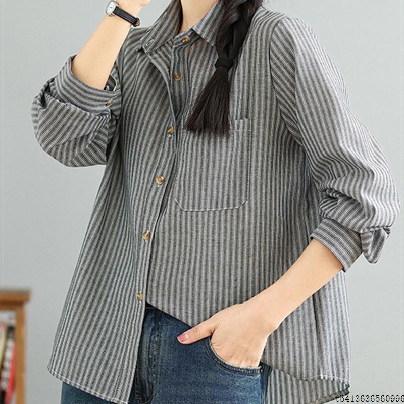 广东普宁长袖条纹亚麻衬衫女士2025早秋新款高端减龄洋气上衣衬衣