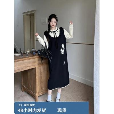 大码假两件针织连衣裙女秋冬胖mm宽松减龄巨显瘦内搭打底毛衣裙子