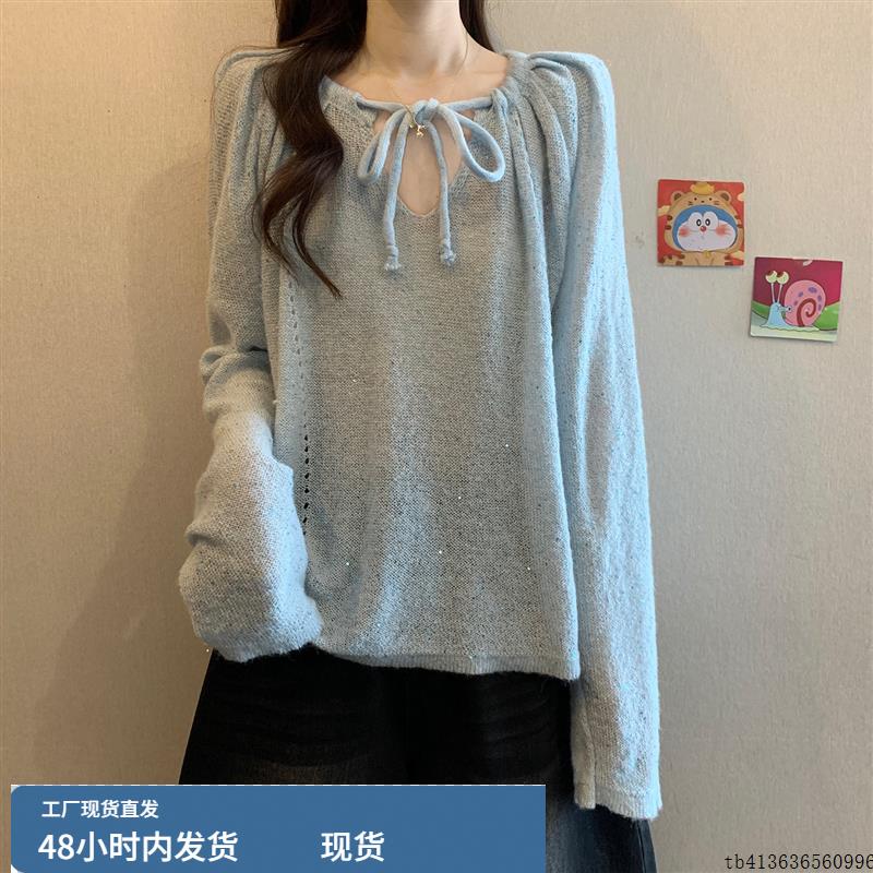 韩版蝴蝶结V领针织衫镂空毛衣女秋季大码胖mm宽松慵懒设计感上衣
